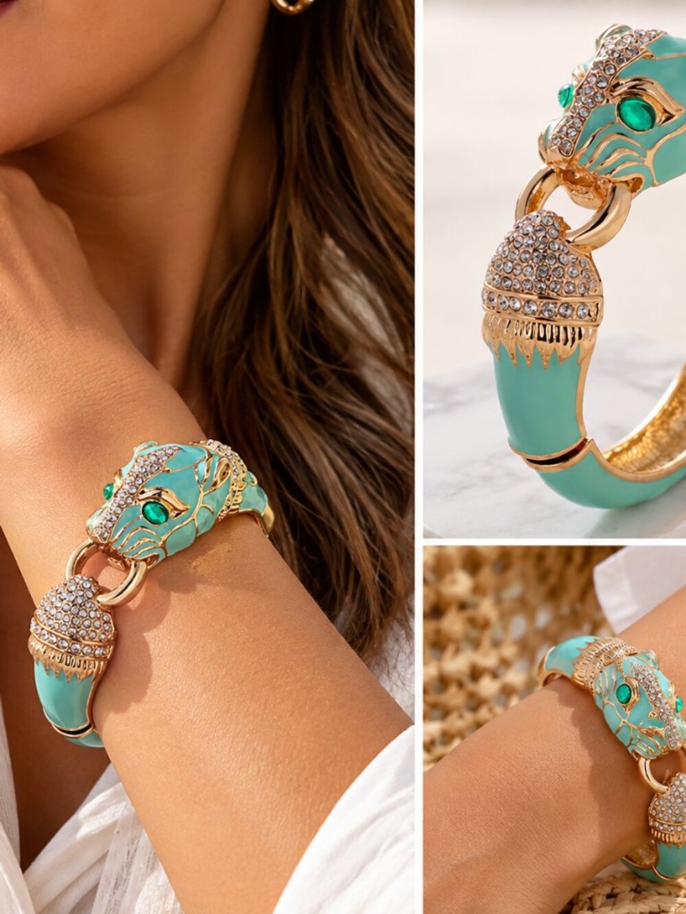 Turquoise Enamel Panther Bracelet Gold Tone Crystal Statement Bangle – New With